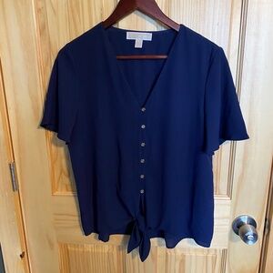 WOMANS MICHAEL KORS NAVY BLUE BUTTON UP FRONT TIE SHORT SLEEVED DRESS SHIRT MED